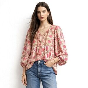 Tuckernuck Mille Top XS Charlie Pink  Desert Bloom Preppy Resort Cotton Blouse
